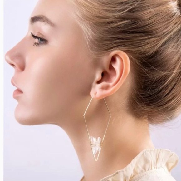 Triangle Quartz Gold Earrings - Picture 2 of 6